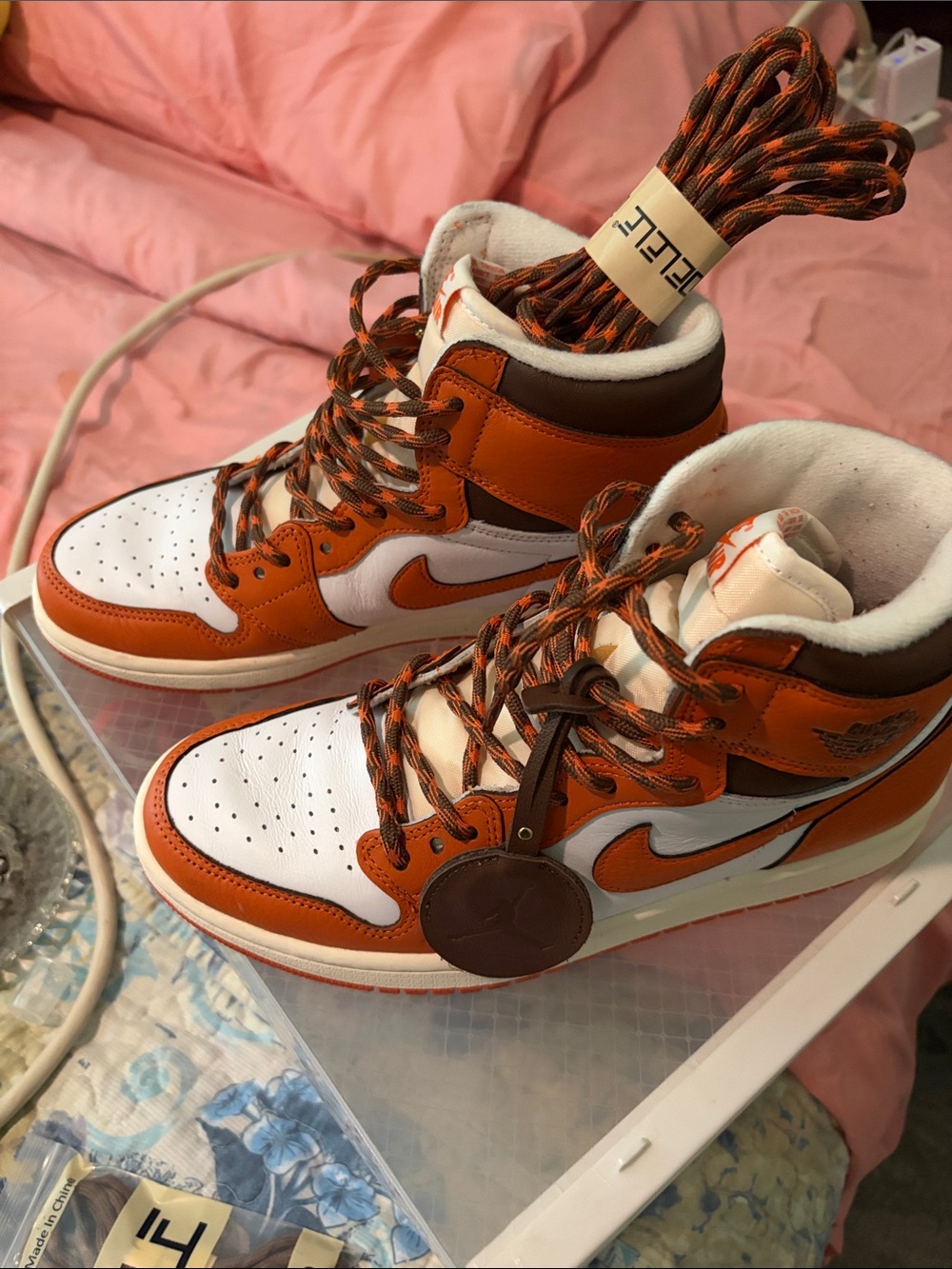 Jordan Kids High-Top Sneakers Orange/White with Brown Accents